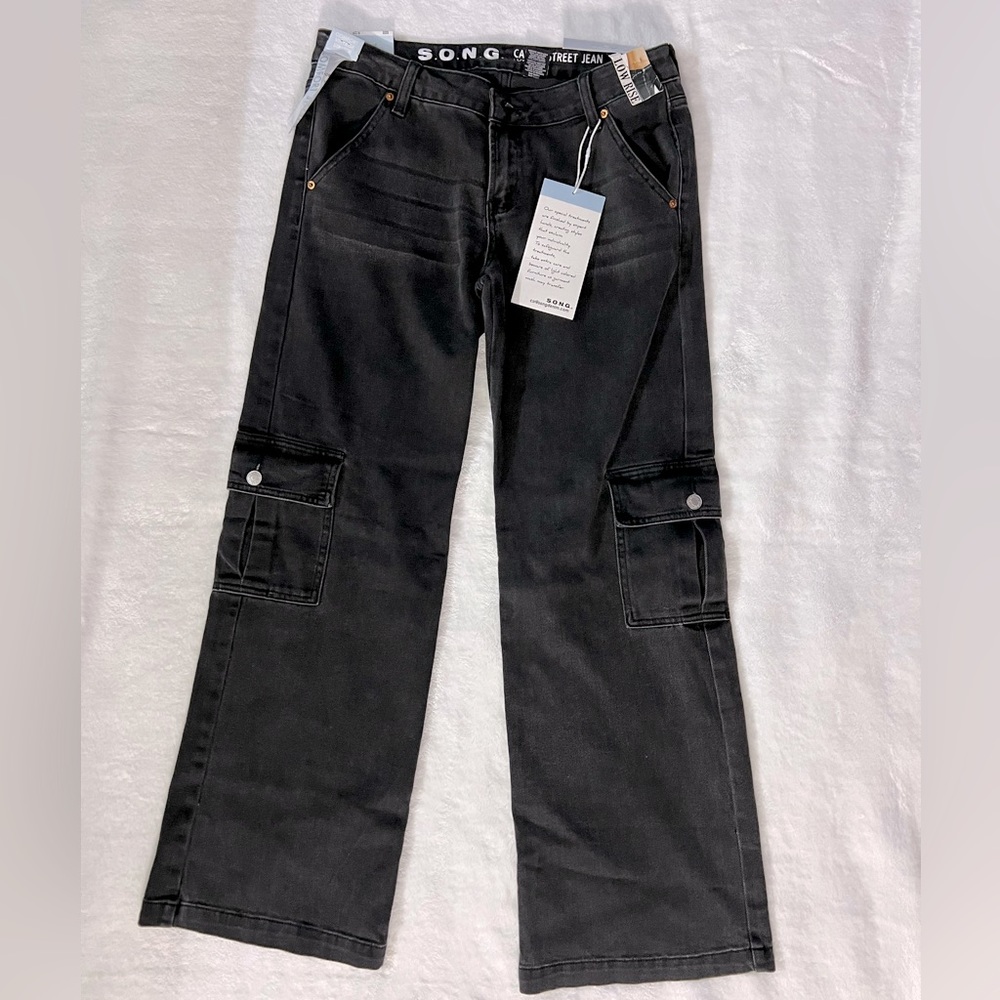 S.O.N.G. Women's Black Cotton High Waist Cargo Jeans Size 9/29 Wide Leg